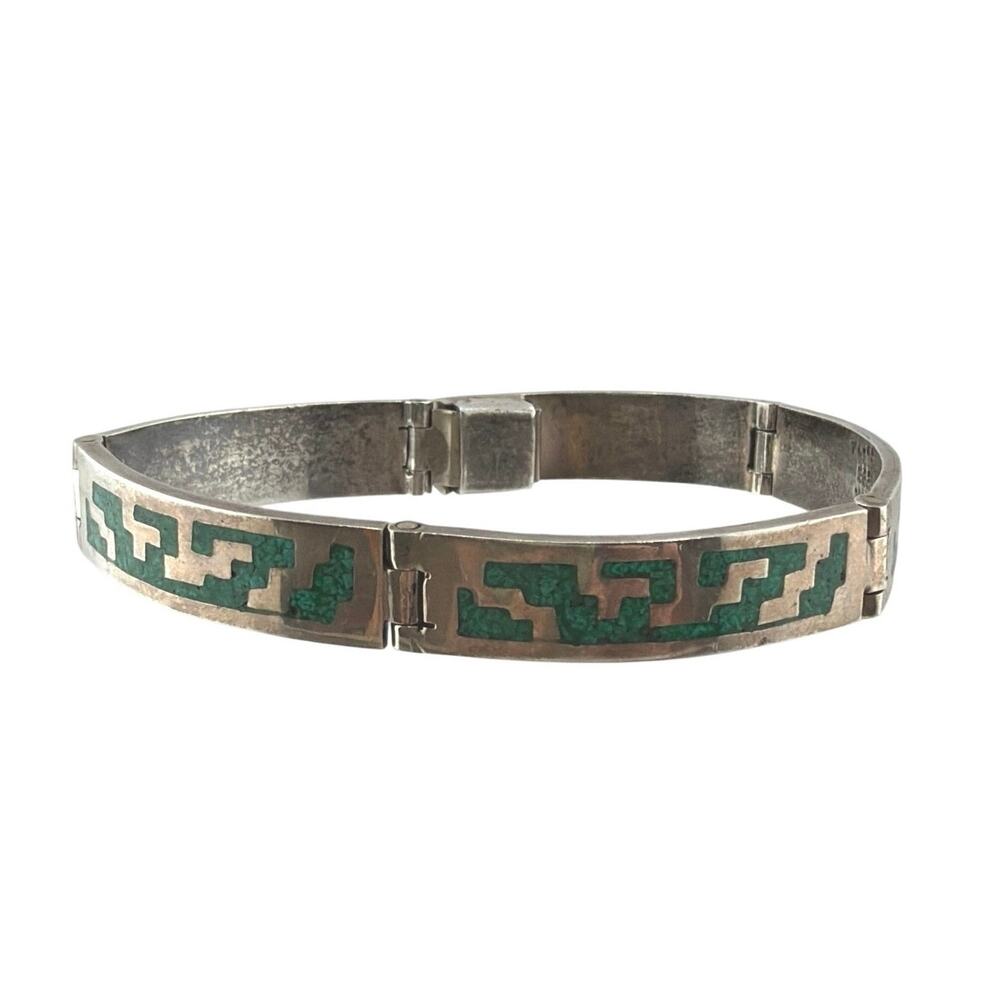 Vintage Mexican Turquoise Inlay Hinged Link Bracelet Sterling Silver & Turquoise